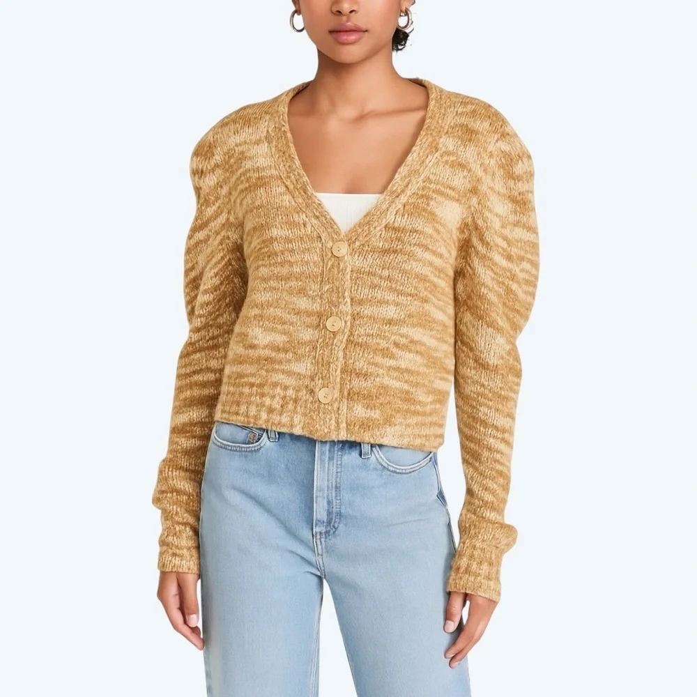 En Saison Golden Honey Marled Puff Sleeve Cropped Knit Cardigan Sweater Medium - Picture 1 of 8
